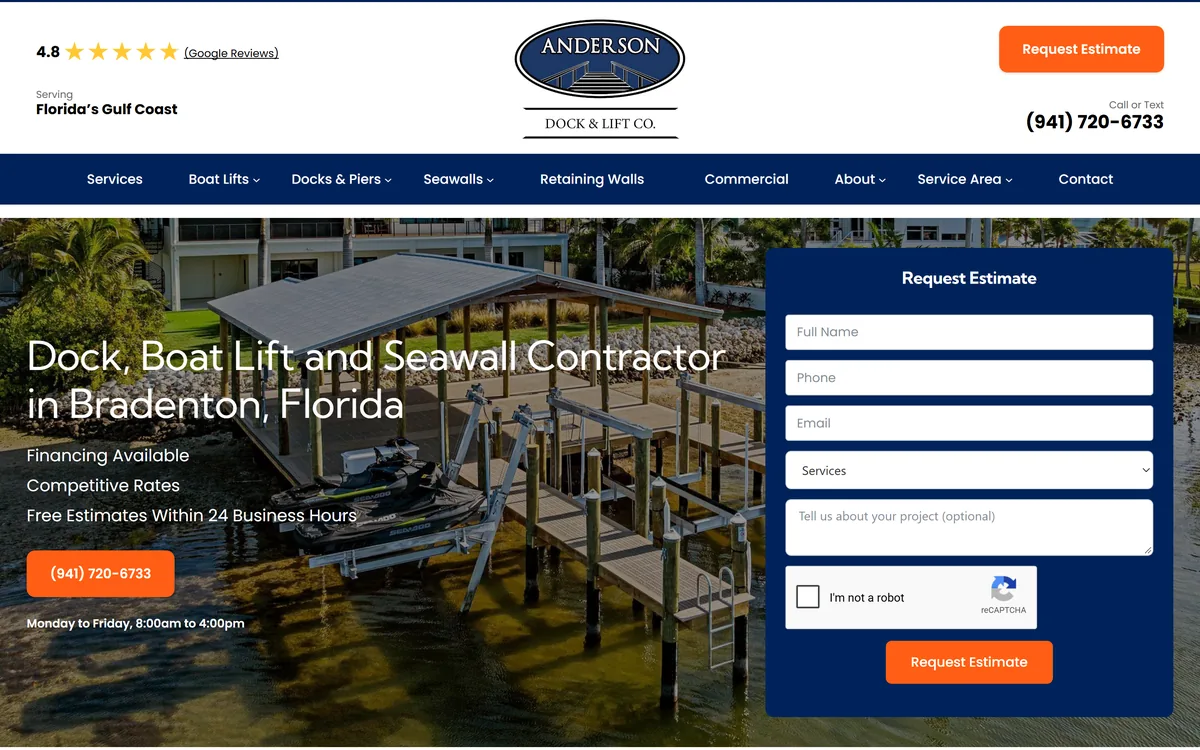 Home page of andersondockandlift.com on a desktop browser