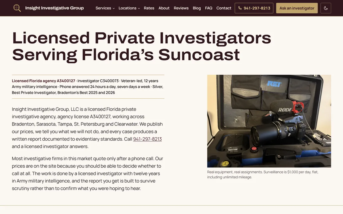 Home page of insightinvestigationsgroup.com on a desktop browser